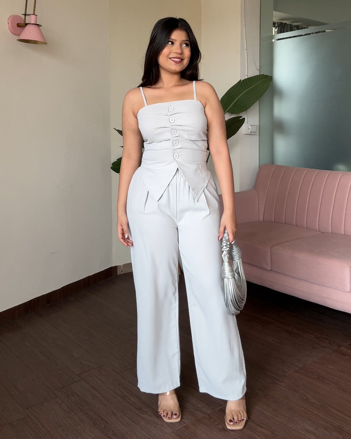 Ruched Button Detailing Top & Wide Leg Pant Co-ord set