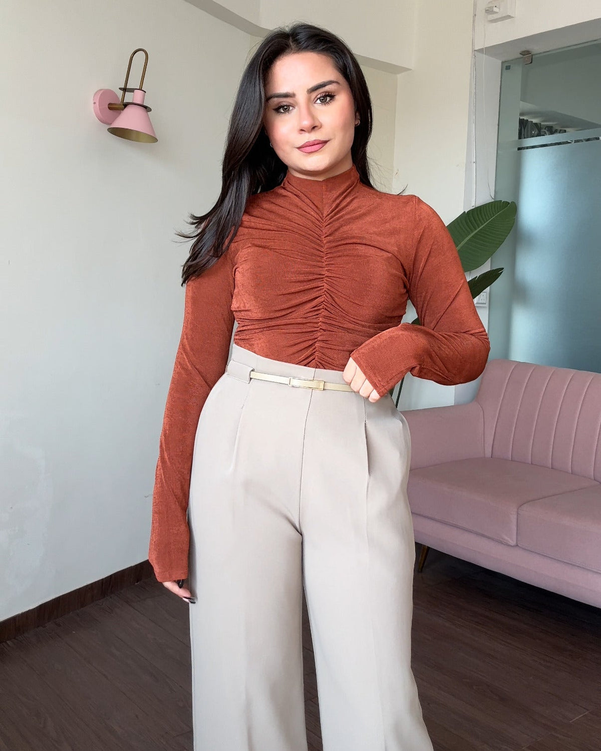 Ruched Detailing Full Sleeve High Neck Top