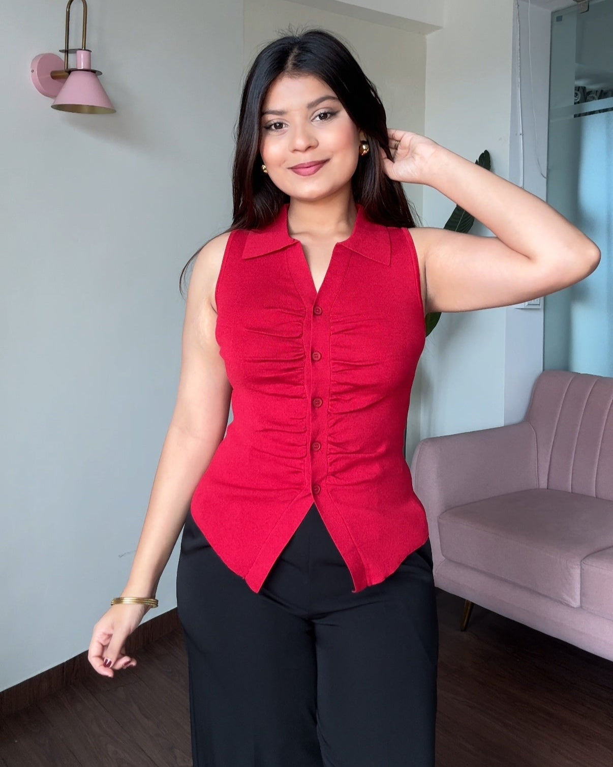 Ruched Fitted Button Up Collared Top