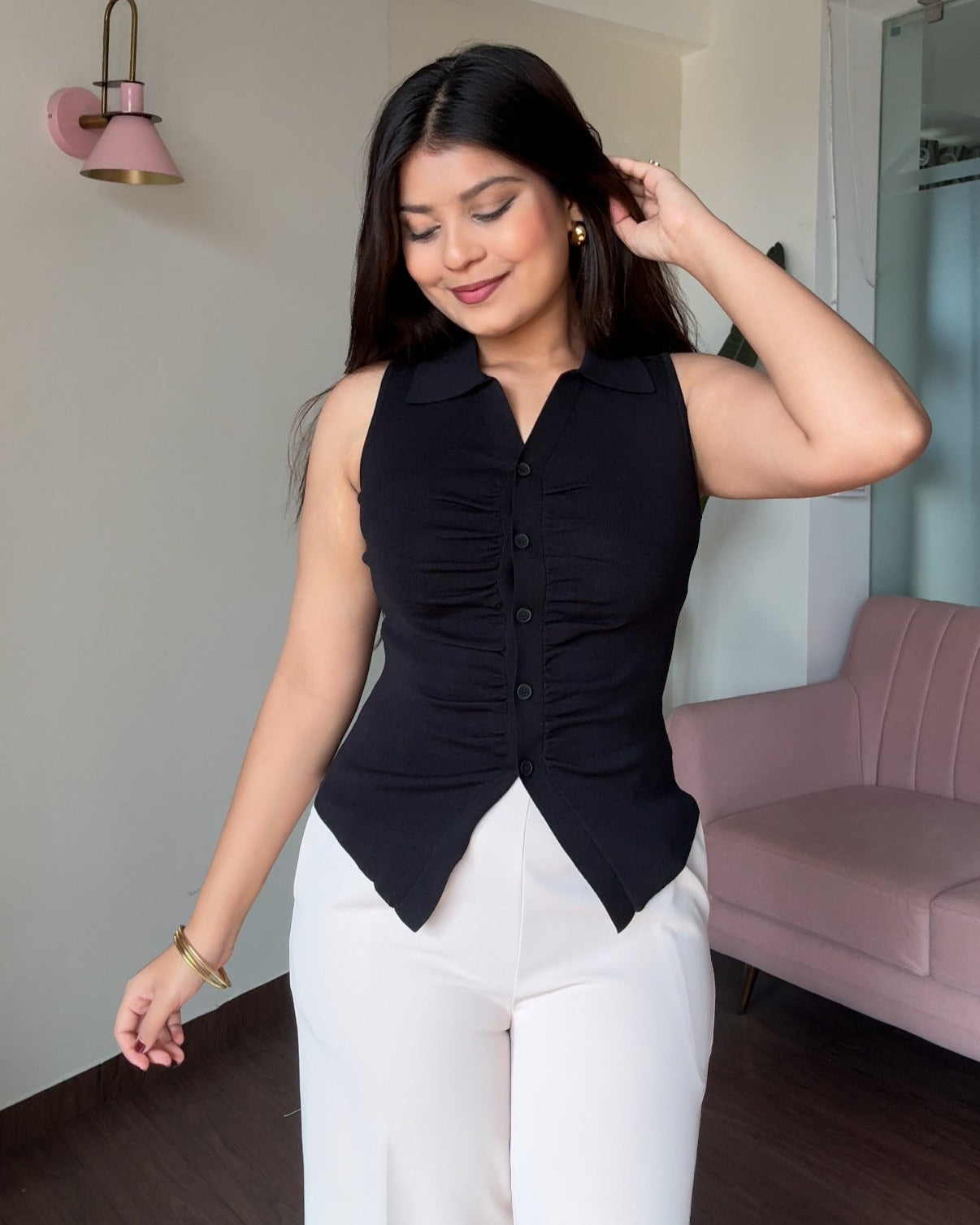Ruched Fitted Button Up Collared Top
