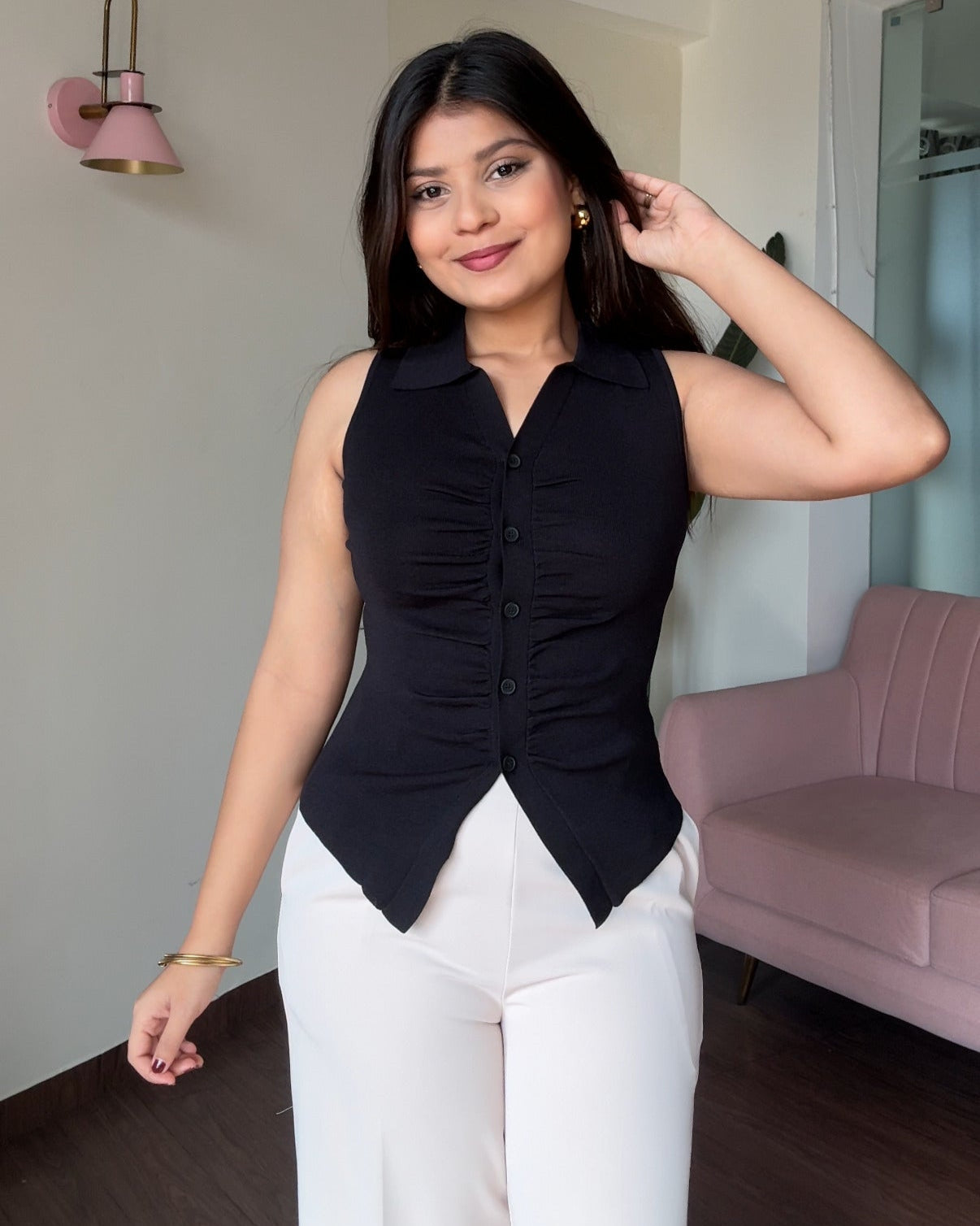 Ruched Fitted Button Up Collared Top