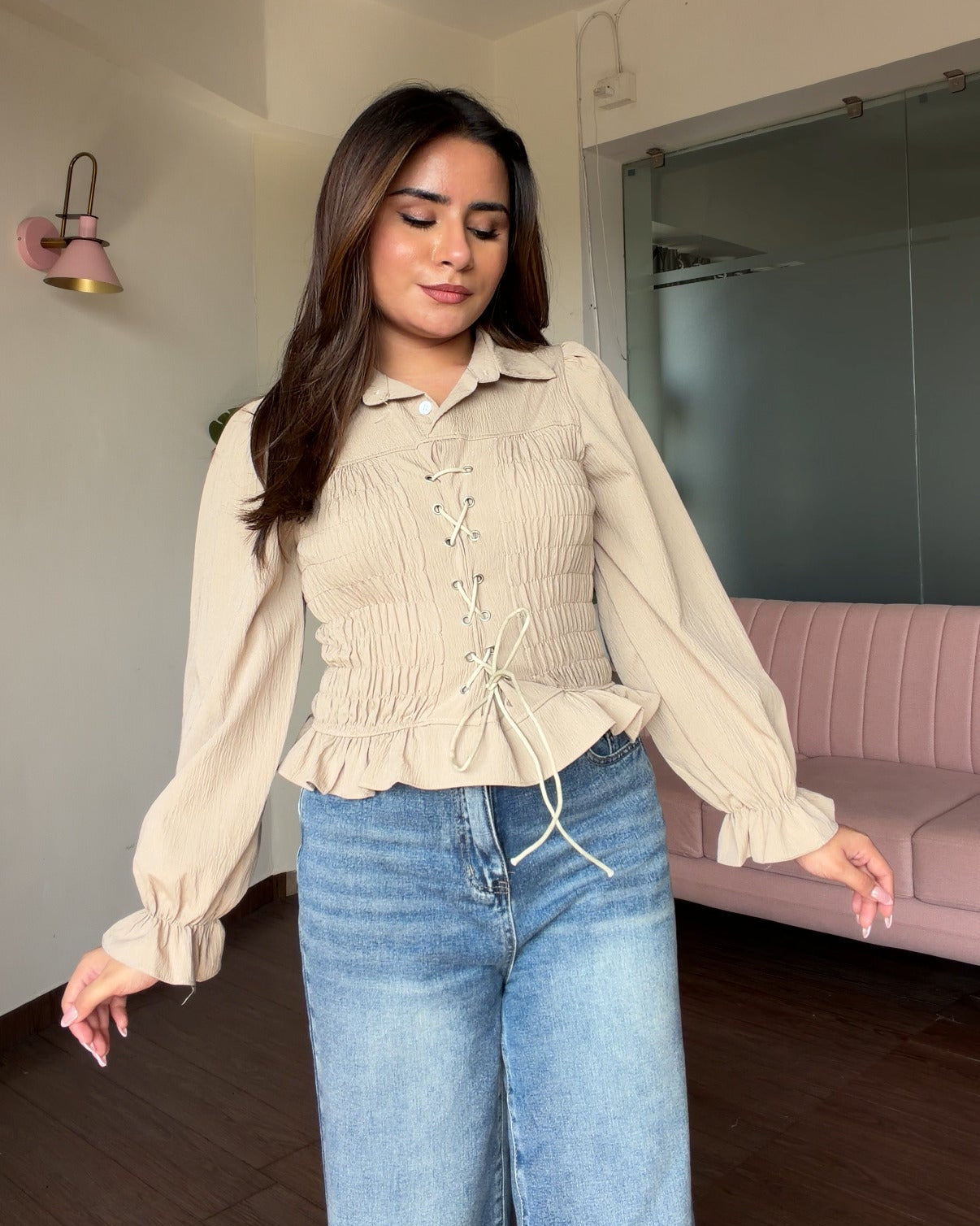 Ruched Full Sleeve Tie Up Detailing Top