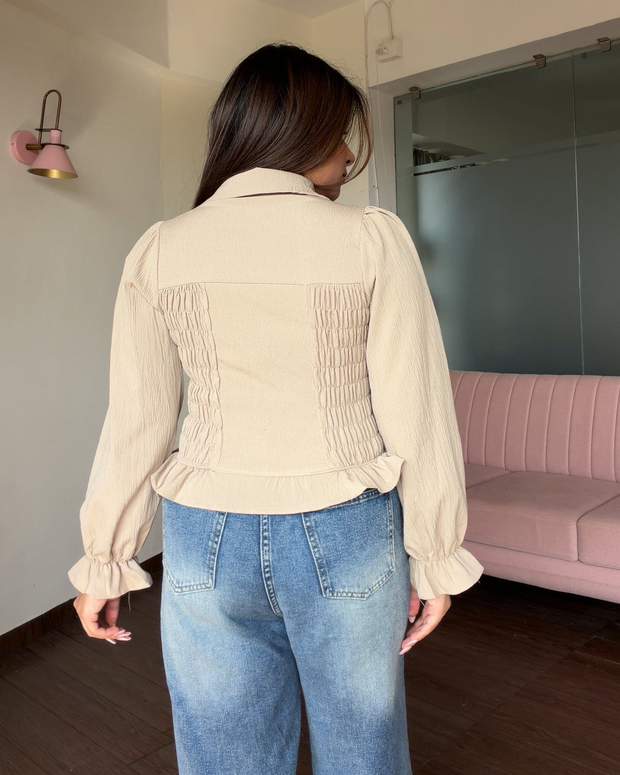 Ruched Full Sleeve Tie Up Detailing Top