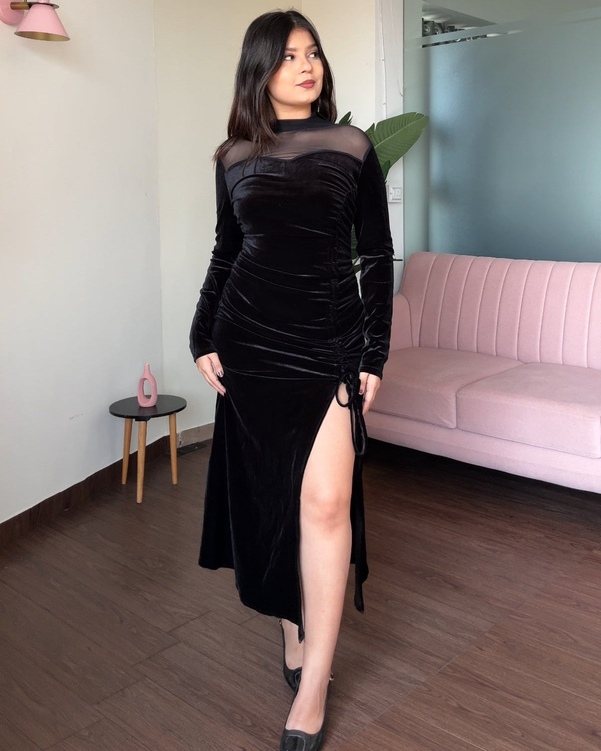 Ruched Velvet Mesh Detailing Dress