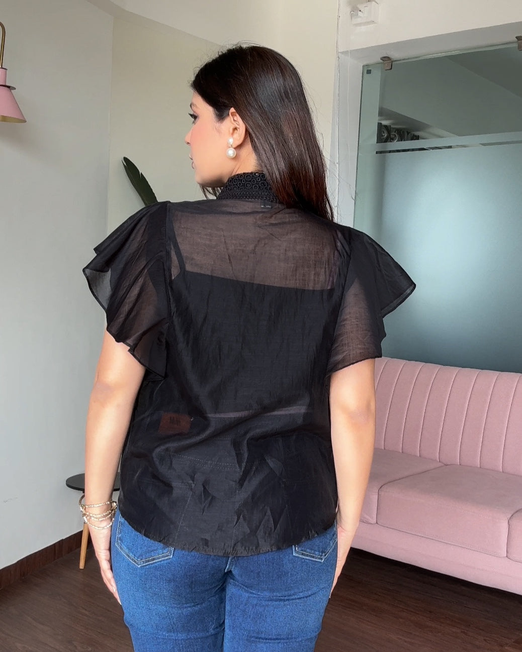 Ruffle Detail Lace Work Tissue Organza With Inner