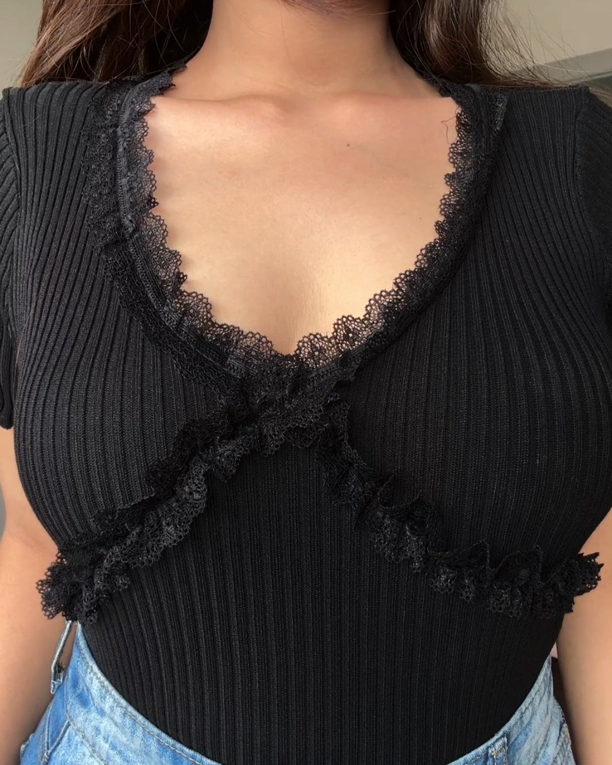 Ruffle Detail Ribbed Bodycon Korean Top