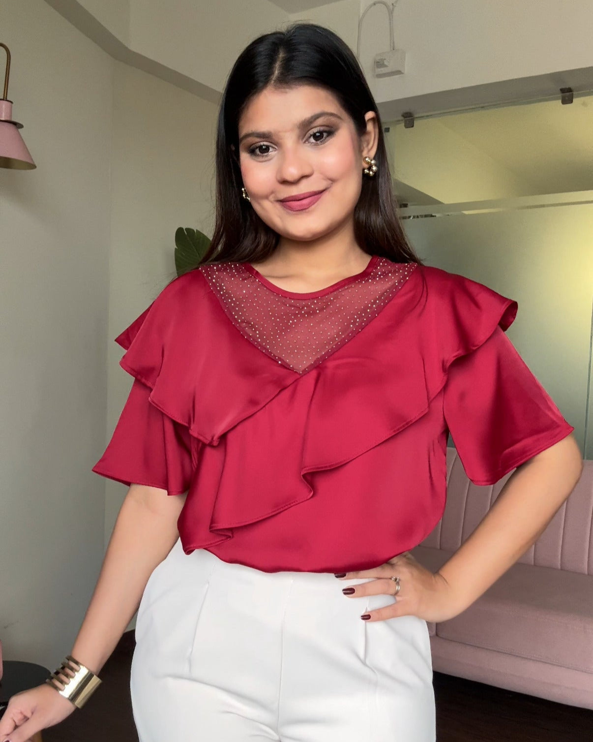 Ruffle Rhinestone Detailing Blouse