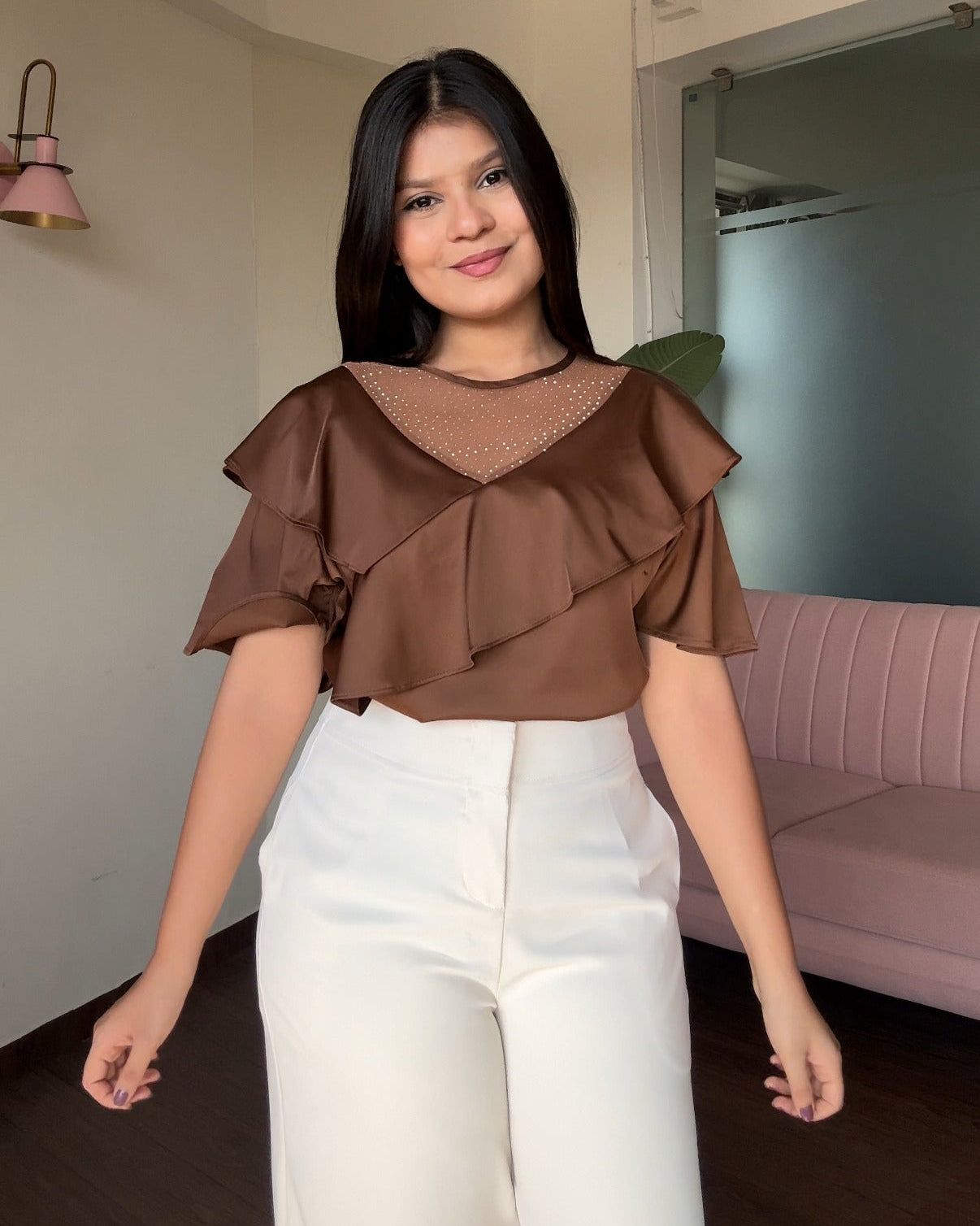 Ruffle Rhinestone Detailing Blouse