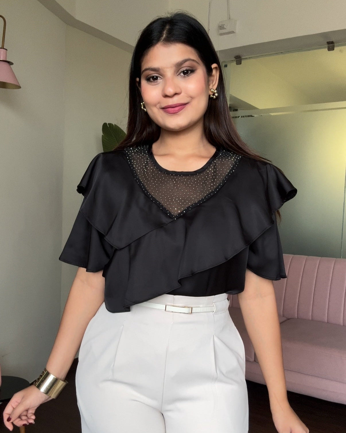 Ruffle Rhinestone Detailing Blouse