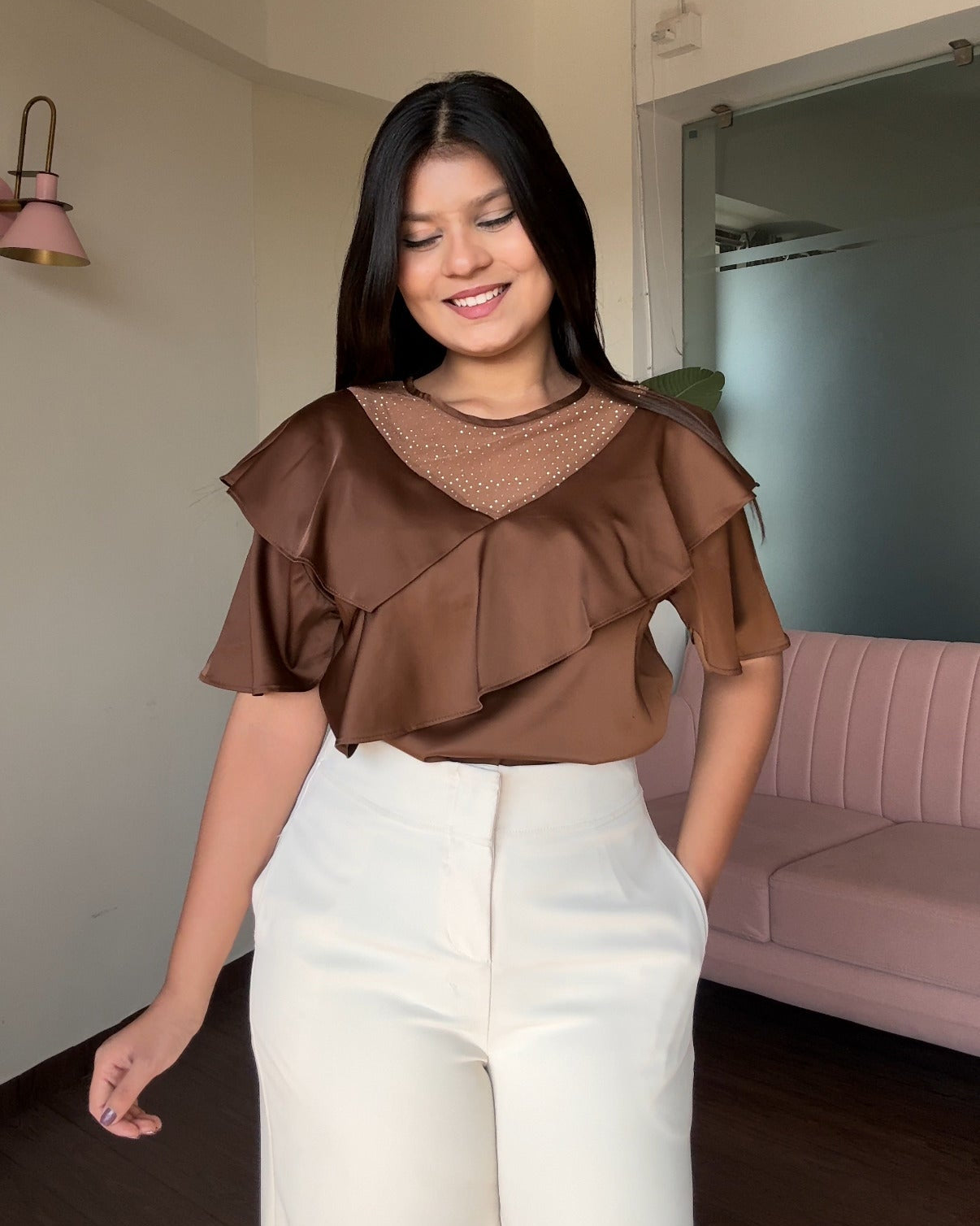 Ruffle Rhinestone Detailing Blouse