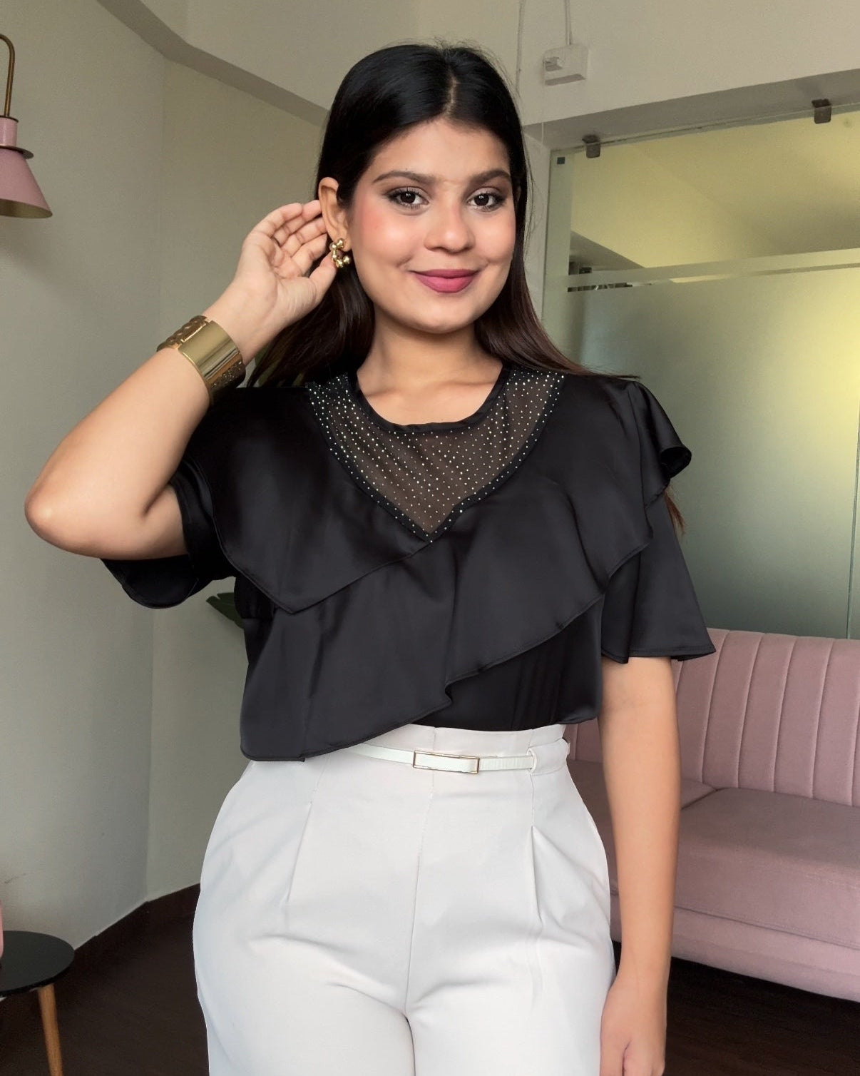 Ruffle Rhinestone Detailing Blouse