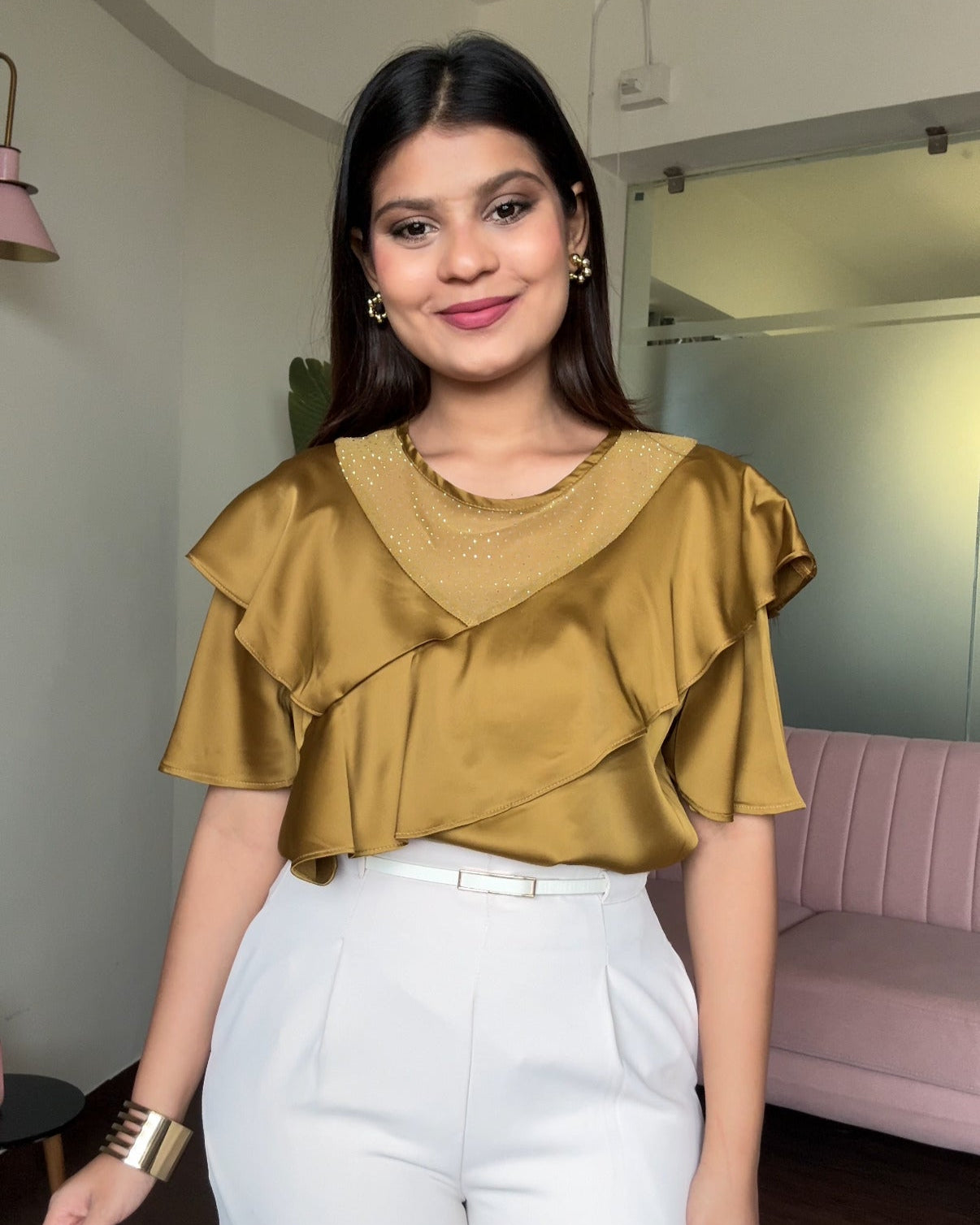 Ruffle Rhinestone Detailing Blouse