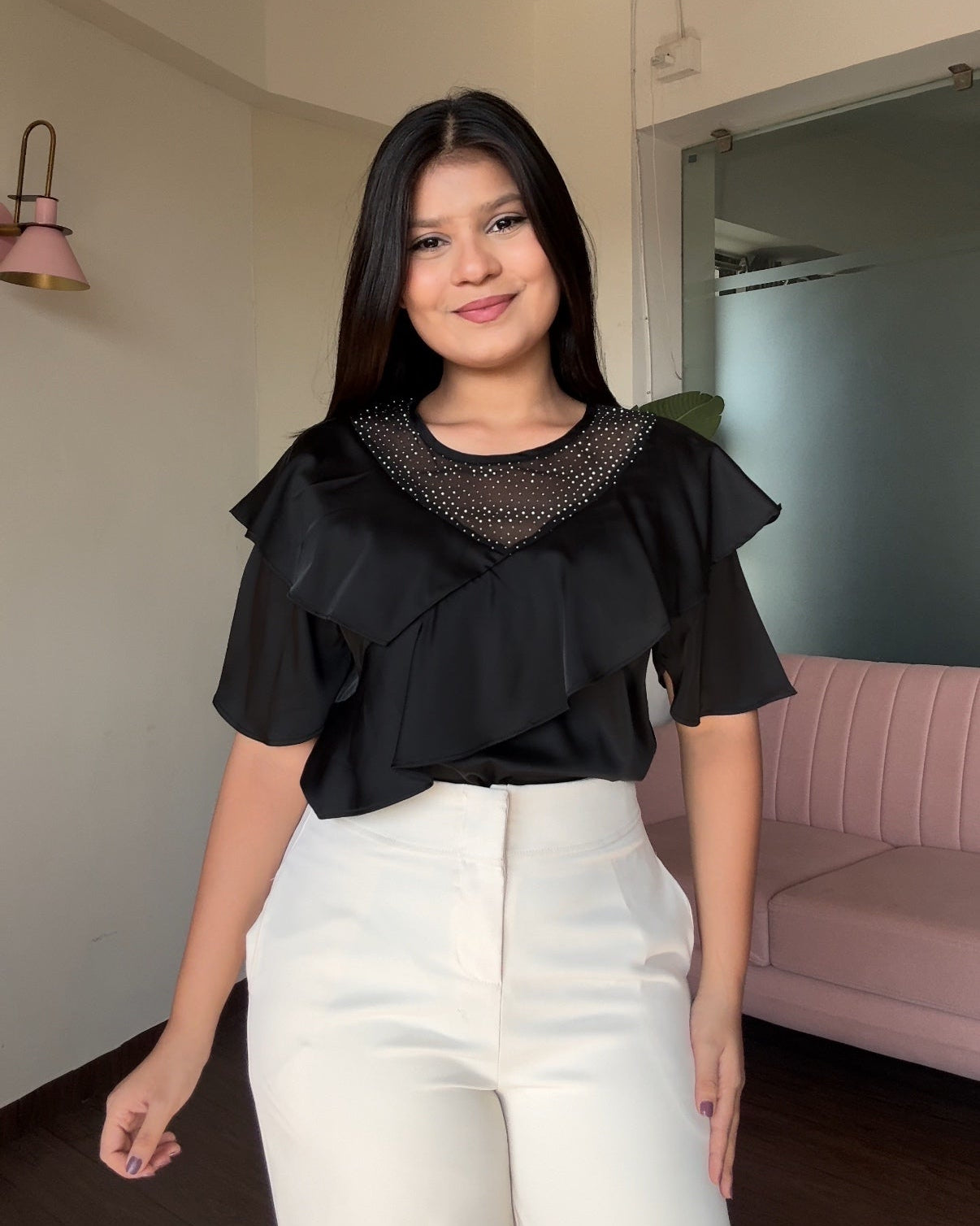 Ruffle Rhinestone Detailing Blouse