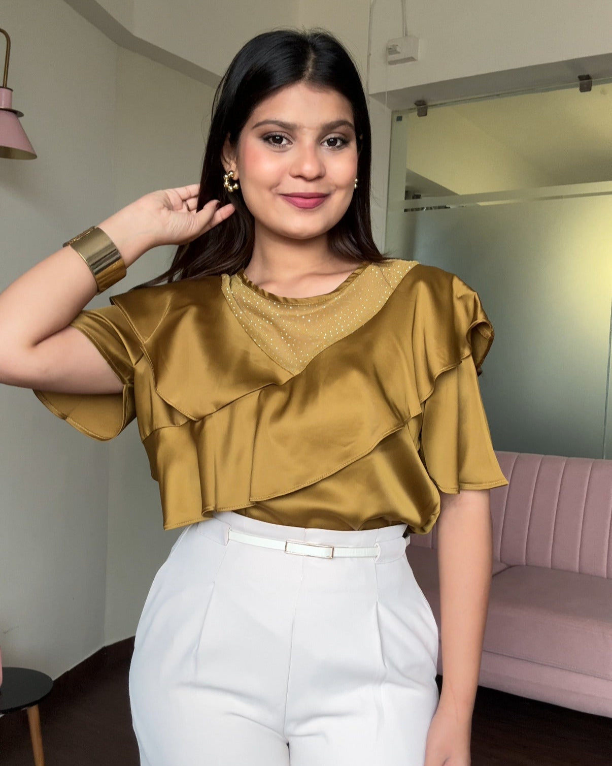 Ruffle Rhinestone Detailing Blouse