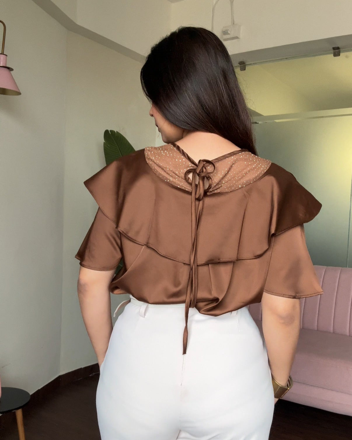 Ruffle Rhinestone Detailing Blouse