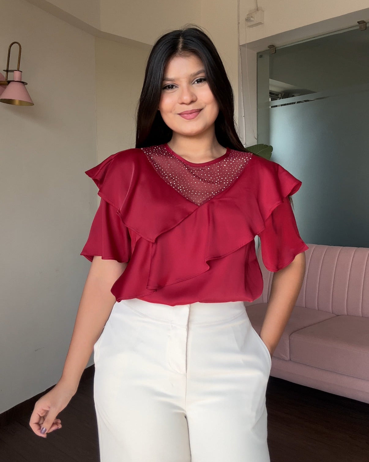 Ruffle Rhinestone Detailing Blouse