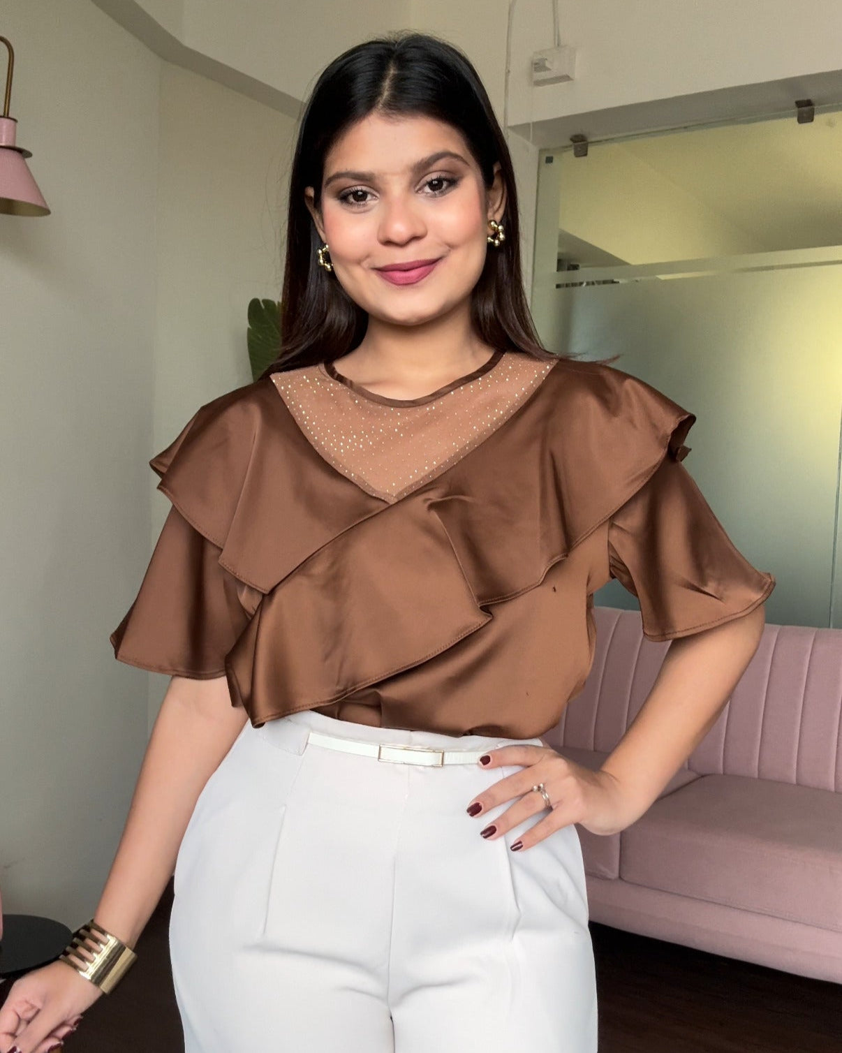 Ruffle Rhinestone Detailing Blouse
