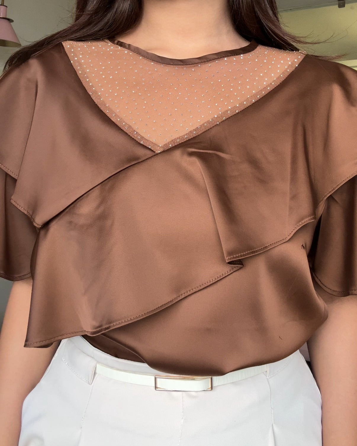 Ruffle Rhinestone Detailing Blouse