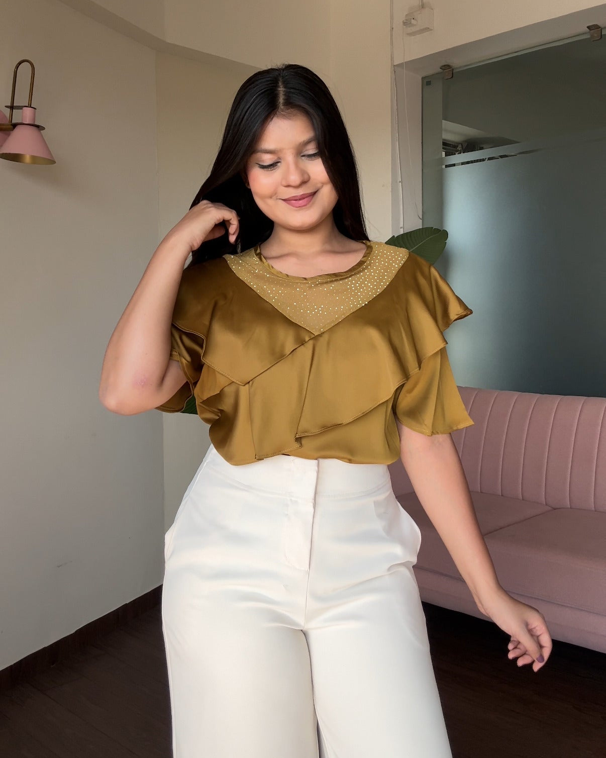 Ruffle Rhinestone Detailing Blouse