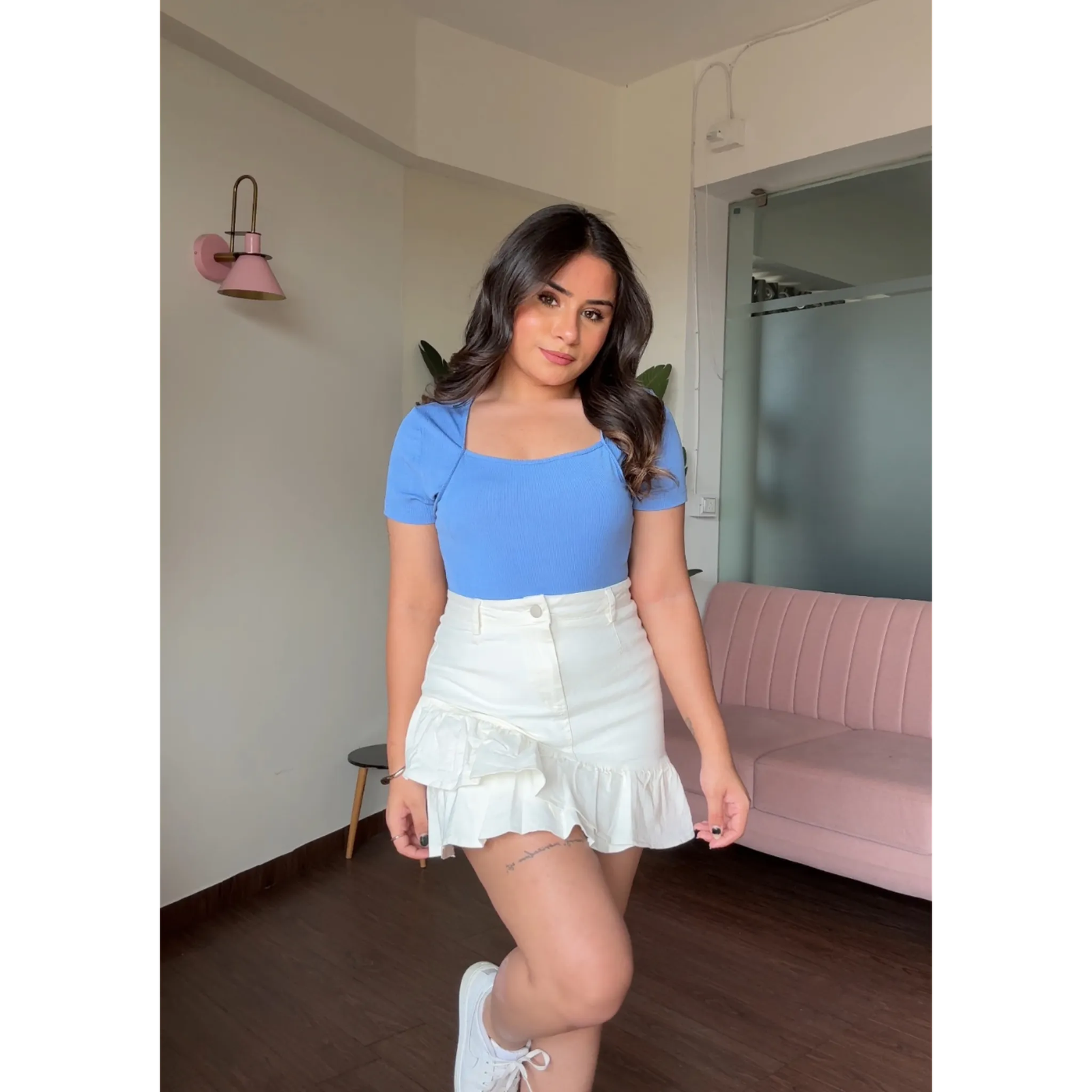 Ruffle Solid Denim Skirt