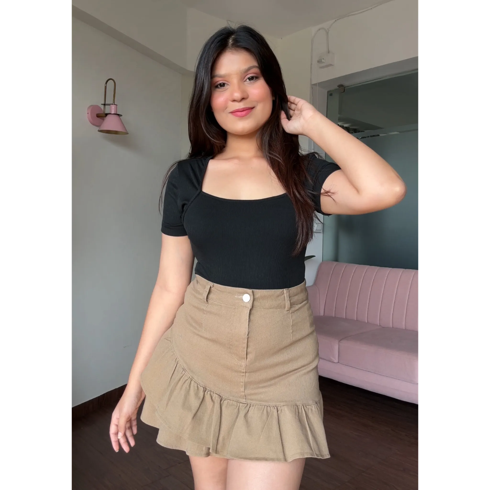 Ruffle Solid Denim Skirt