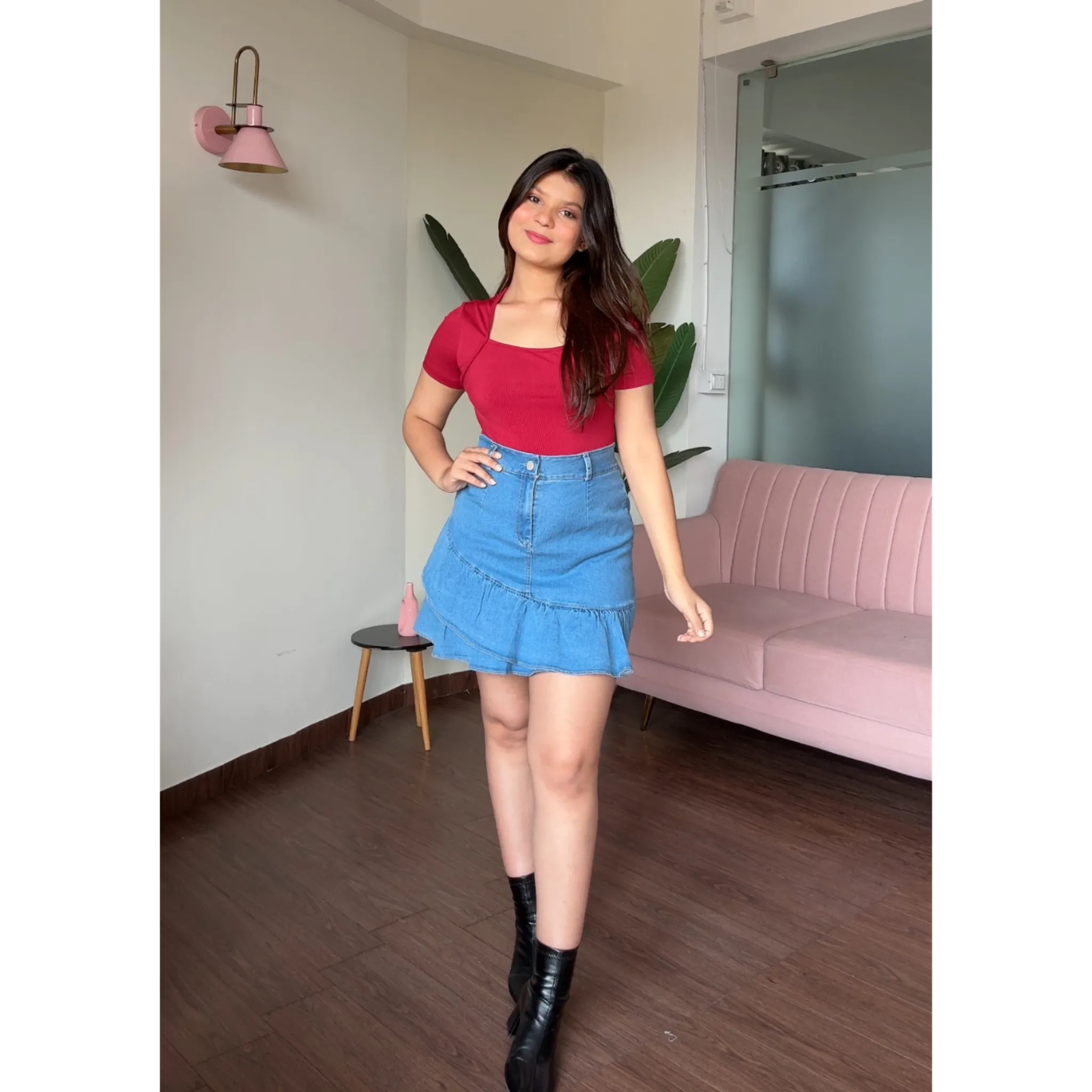 Ruffle Solid Denim Skirt