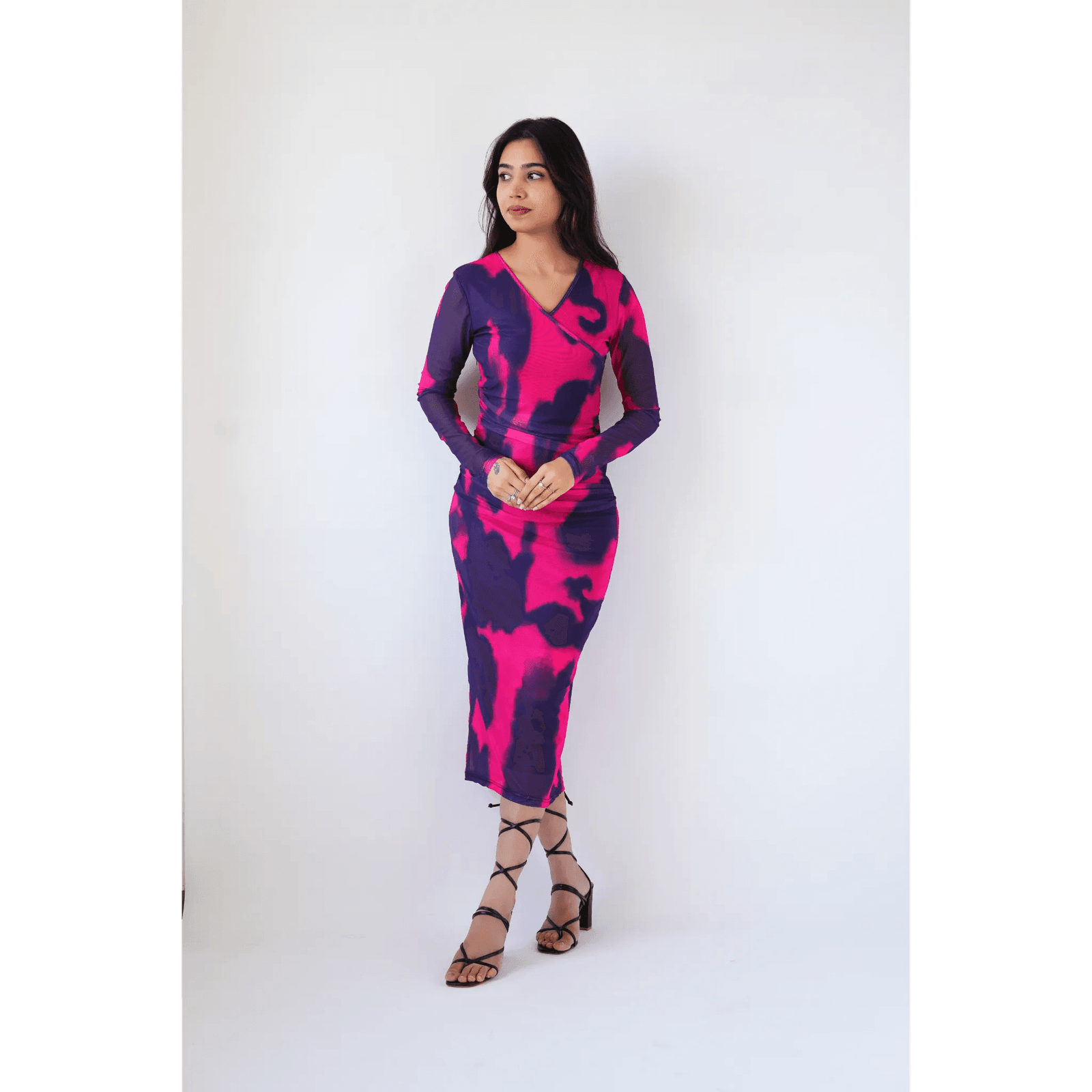 V Neck Printed Mesh Midi Dress
