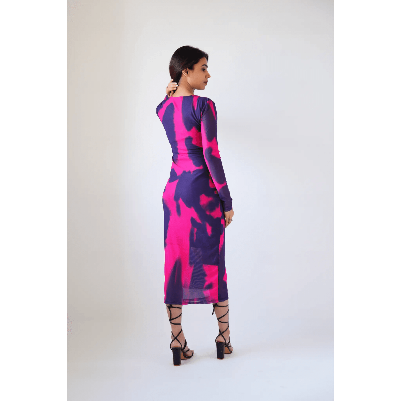 V Neck Printed Mesh Midi Dress