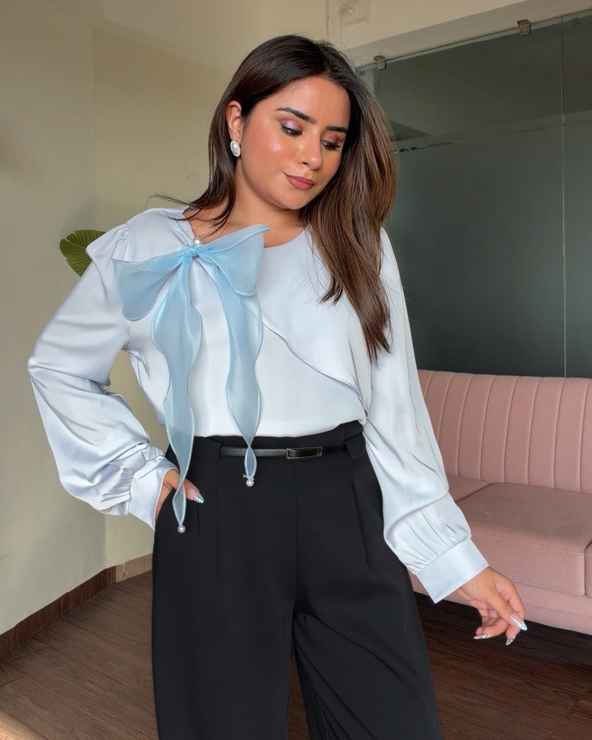 Satin Bow Detailing Pearl Studded Blouse