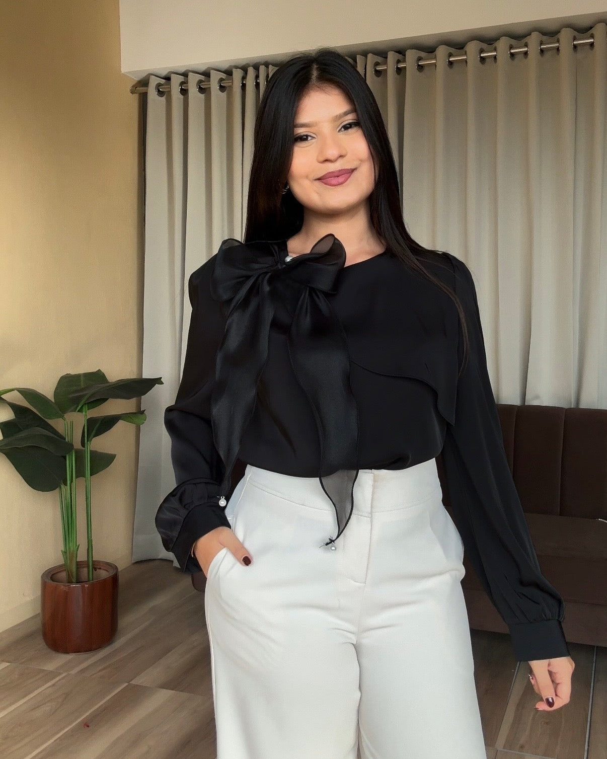 Satin Bow Detailing Pearl Studded Blouse