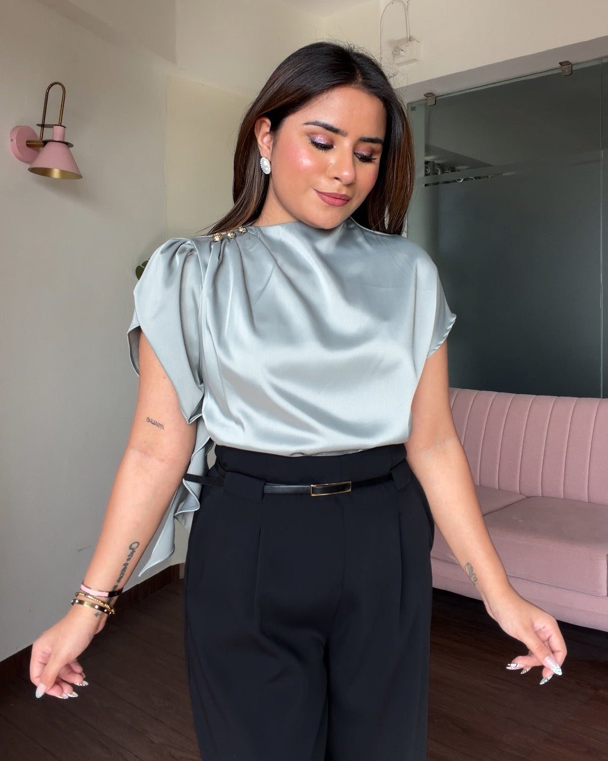 Satin Draped Detailing Top With Ruffle Sleeve