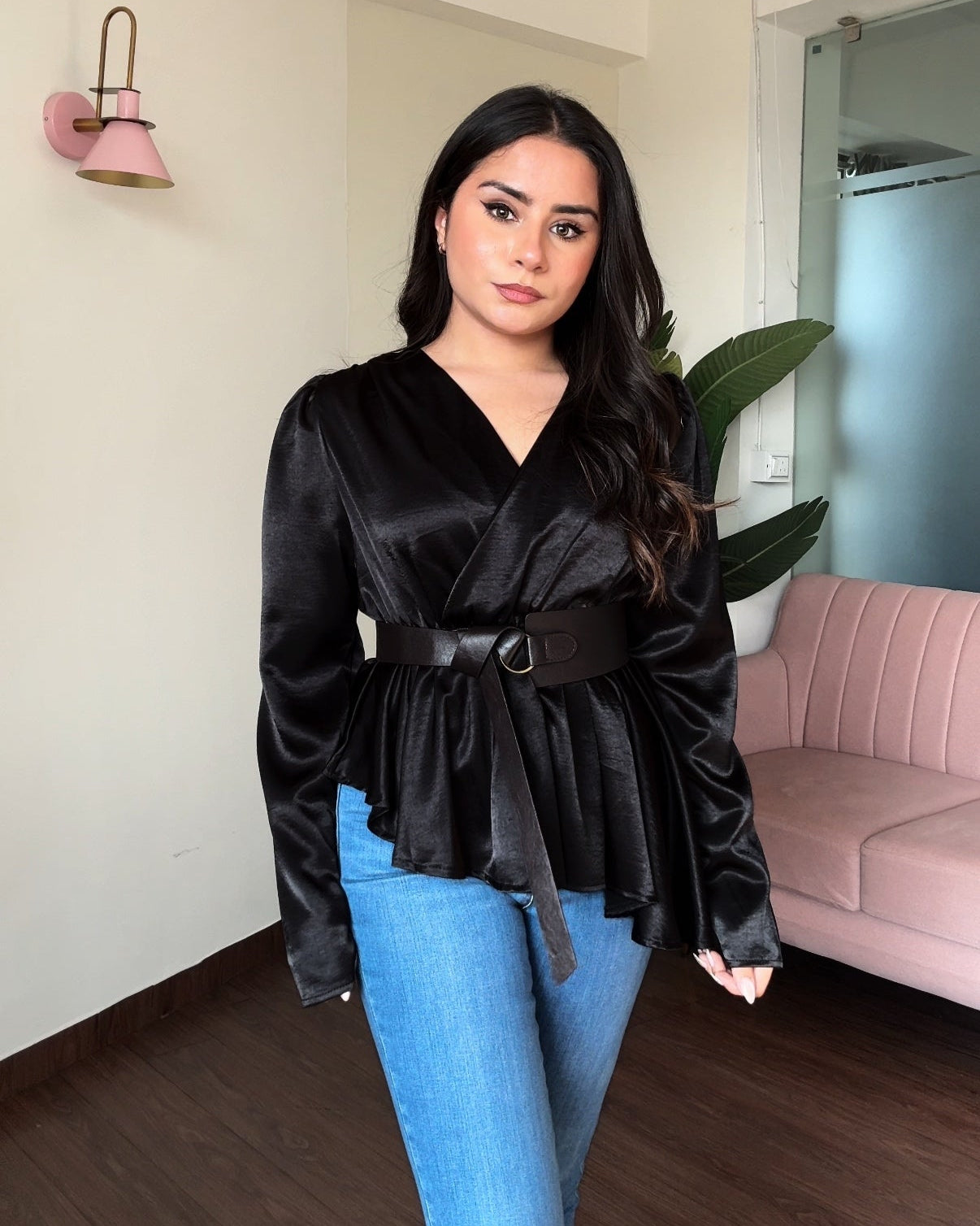 Satin Peplum Top With Belt