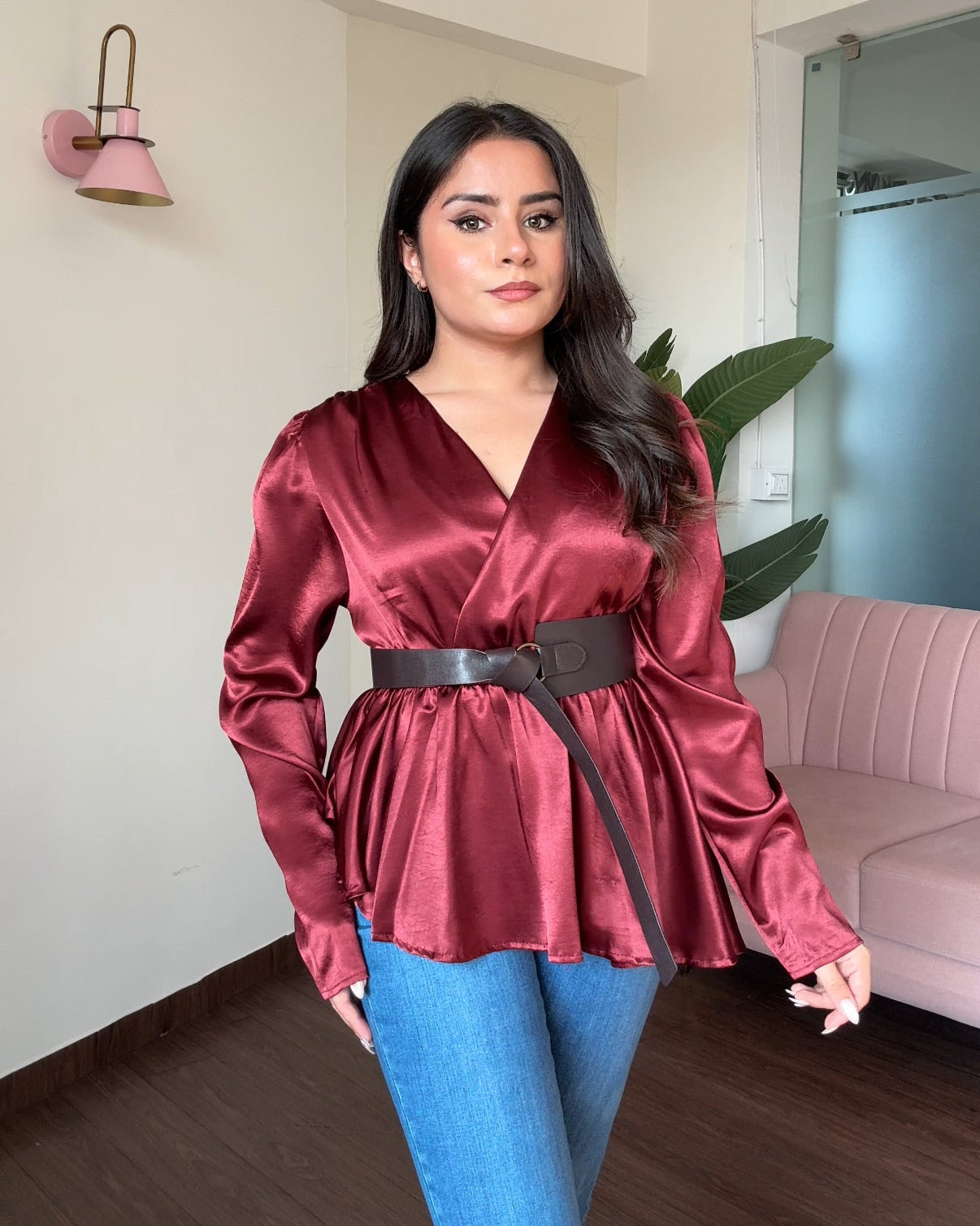 Satin Peplum Top With Belt