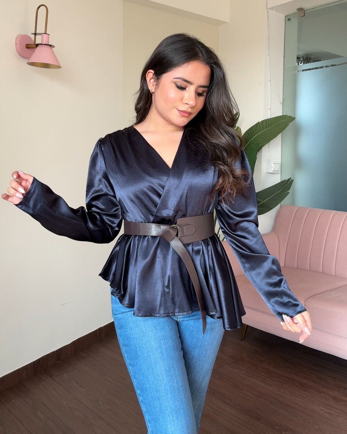 Satin Peplum Top With Belt