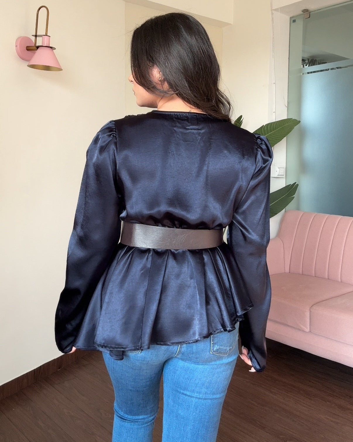 Satin Peplum Top With Belt