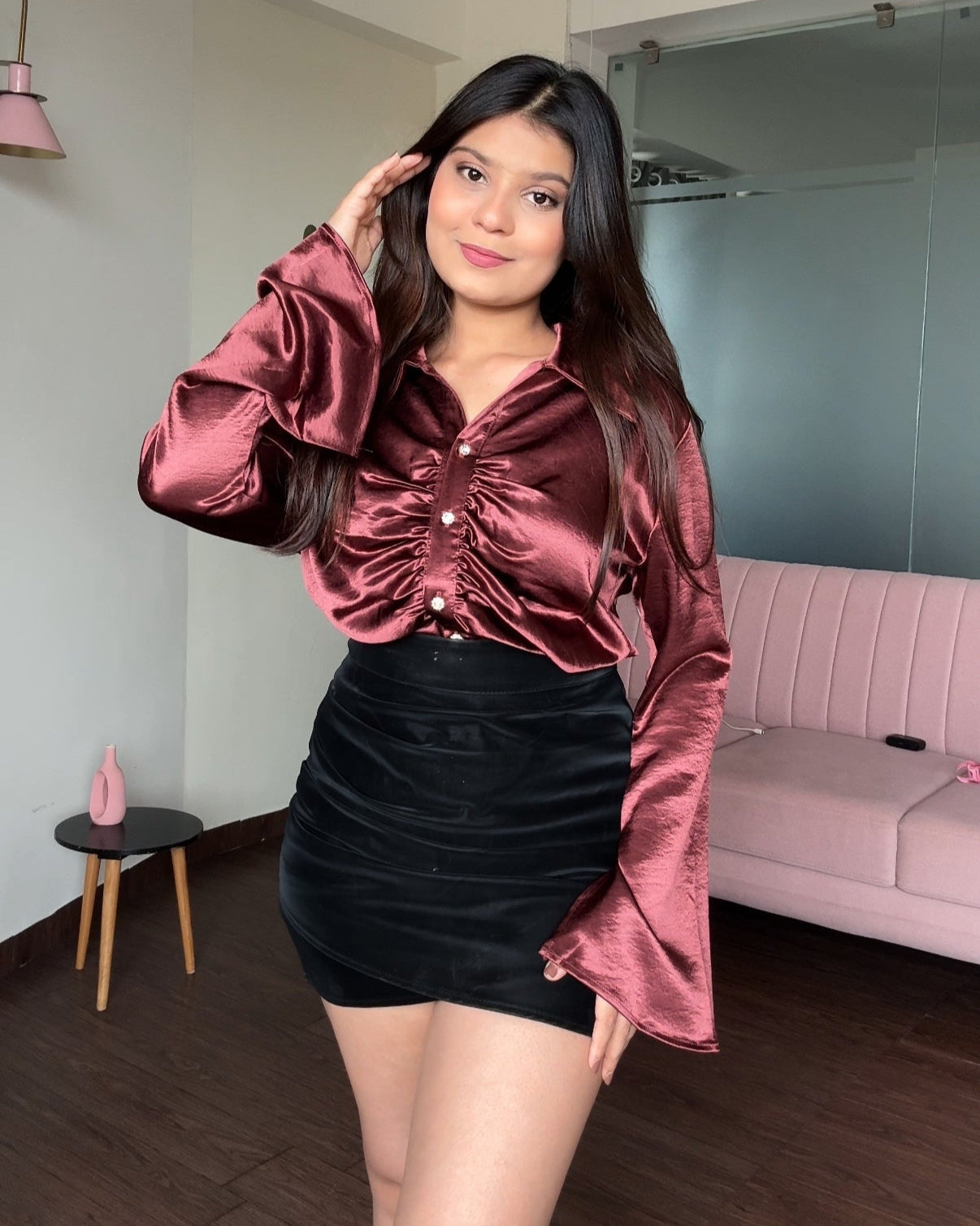 Satin Ruched Flared Sleeves Shirt