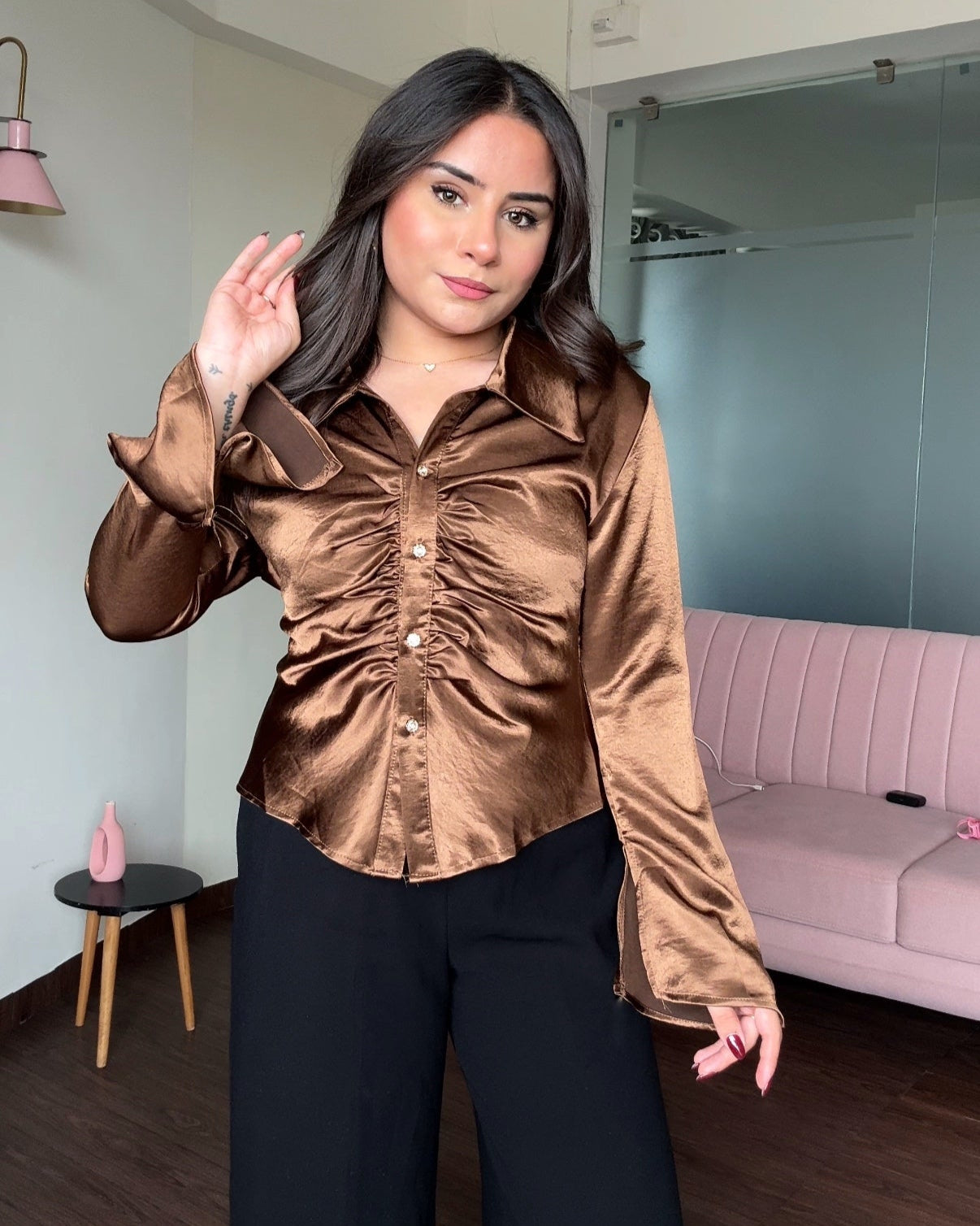 Satin Ruched Flared Sleeves Shirt