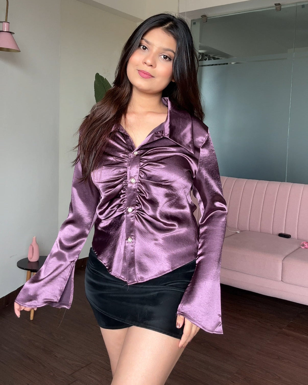 Satin Ruched Flared Sleeves Shirt