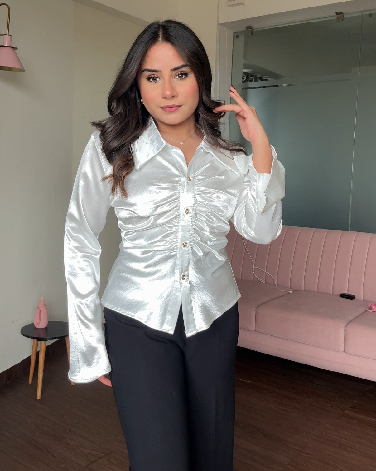 Satin Ruched Flared Sleeves Shirt