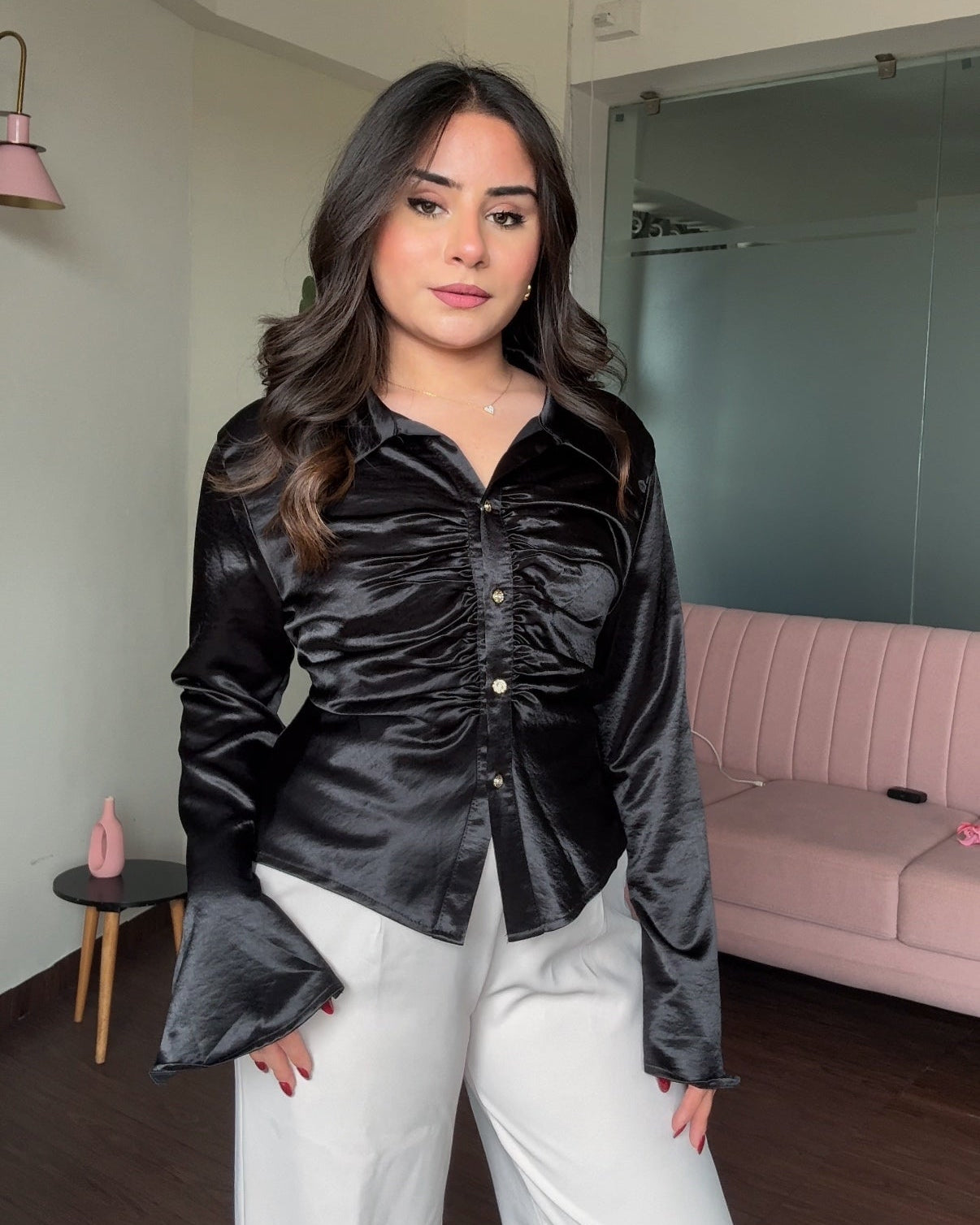 Satin Ruched Flared Sleeves Shirt