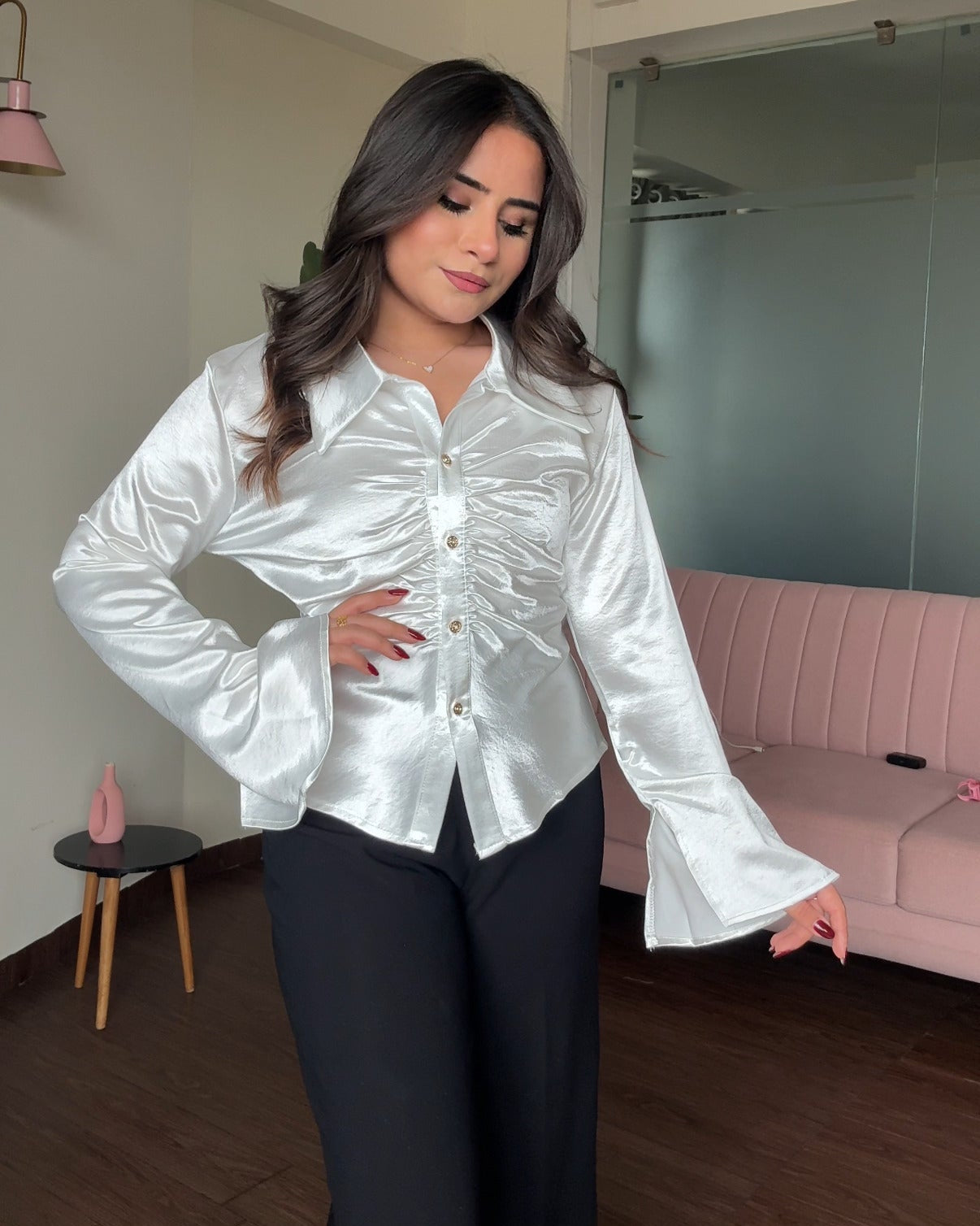 Satin Ruched Flared Sleeves Shirt