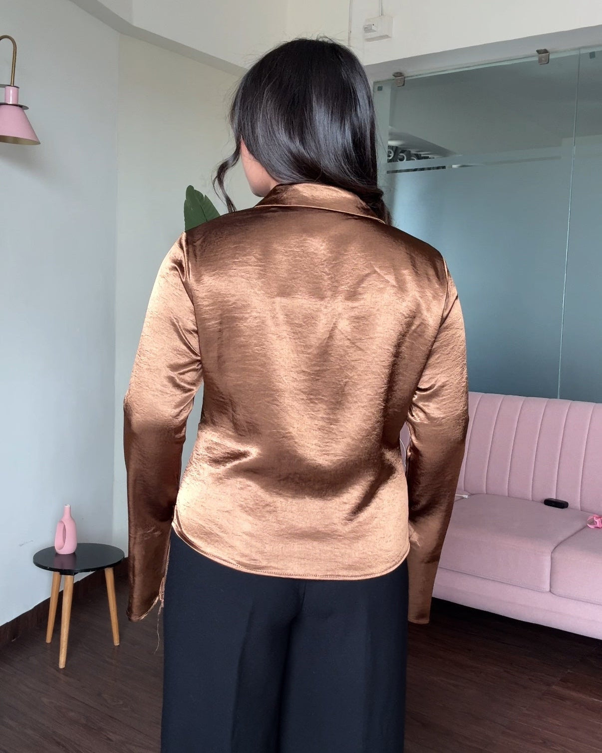 Satin Ruched Flared Sleeves Shirt