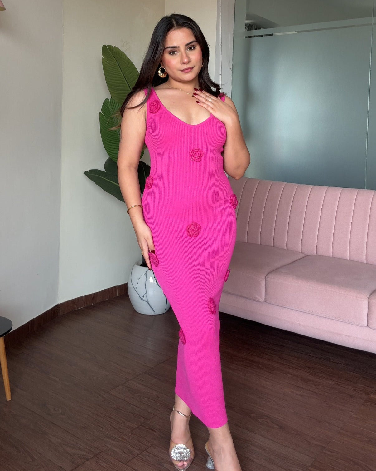 Scattered Rose Bodycon Midi Ribbed Dress