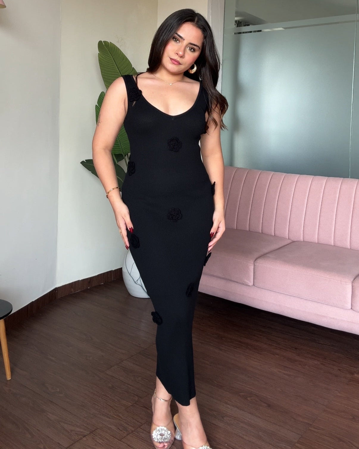 Scattered Rose Bodycon Midi Ribbed Dress