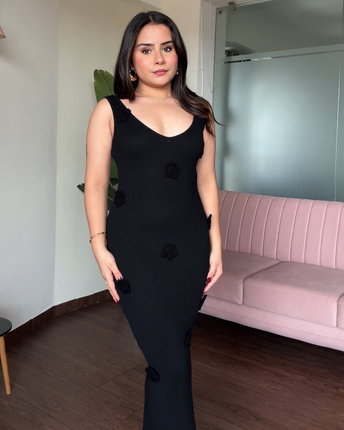 Scattered Rose Bodycon Midi Ribbed Dress