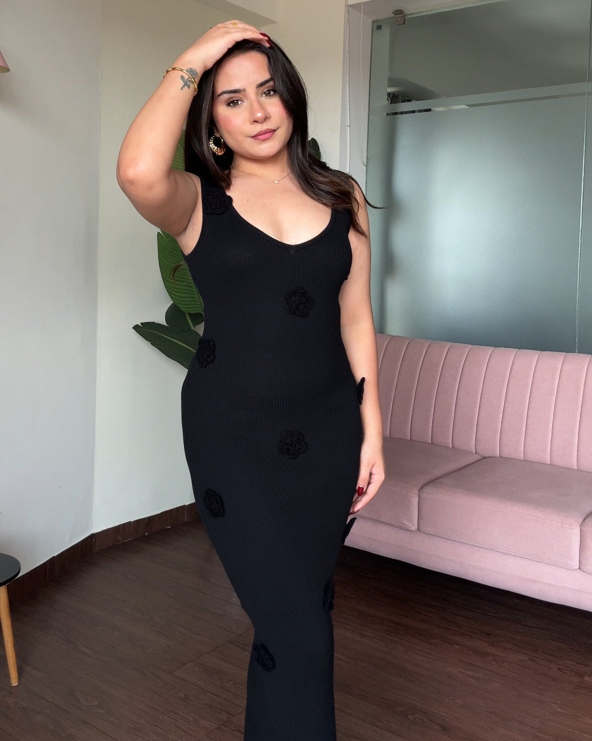 Scattered Rose Bodycon Midi Ribbed Dress