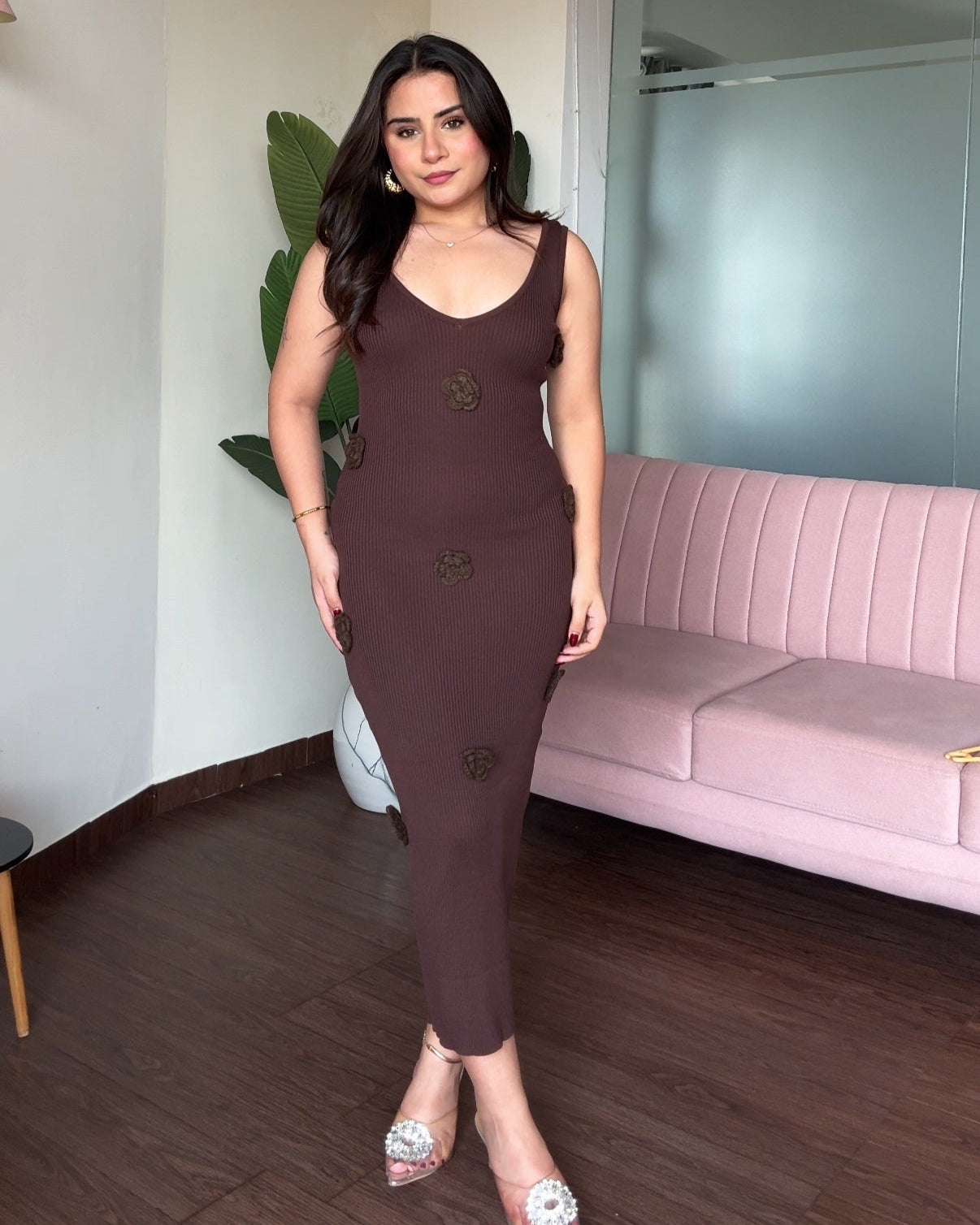 Scattered Rose Bodycon Midi Ribbed Dress