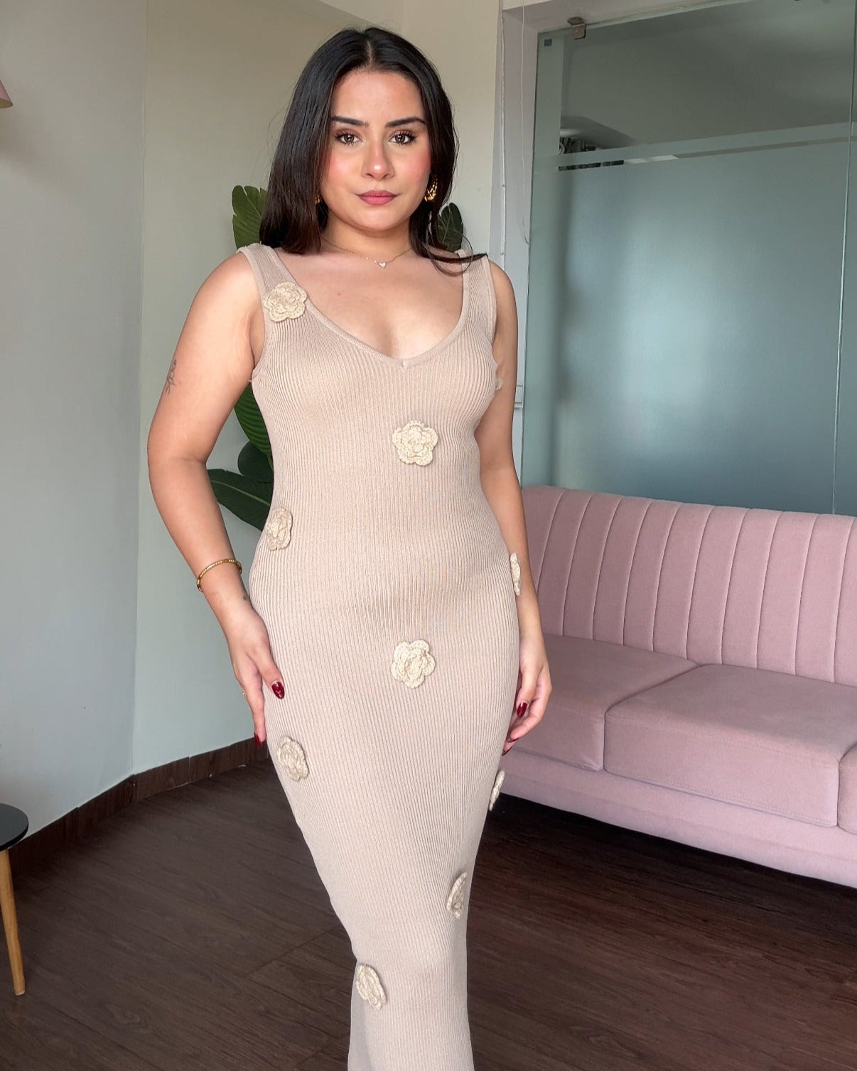 Scattered Rose Bodycon Midi Ribbed Dress