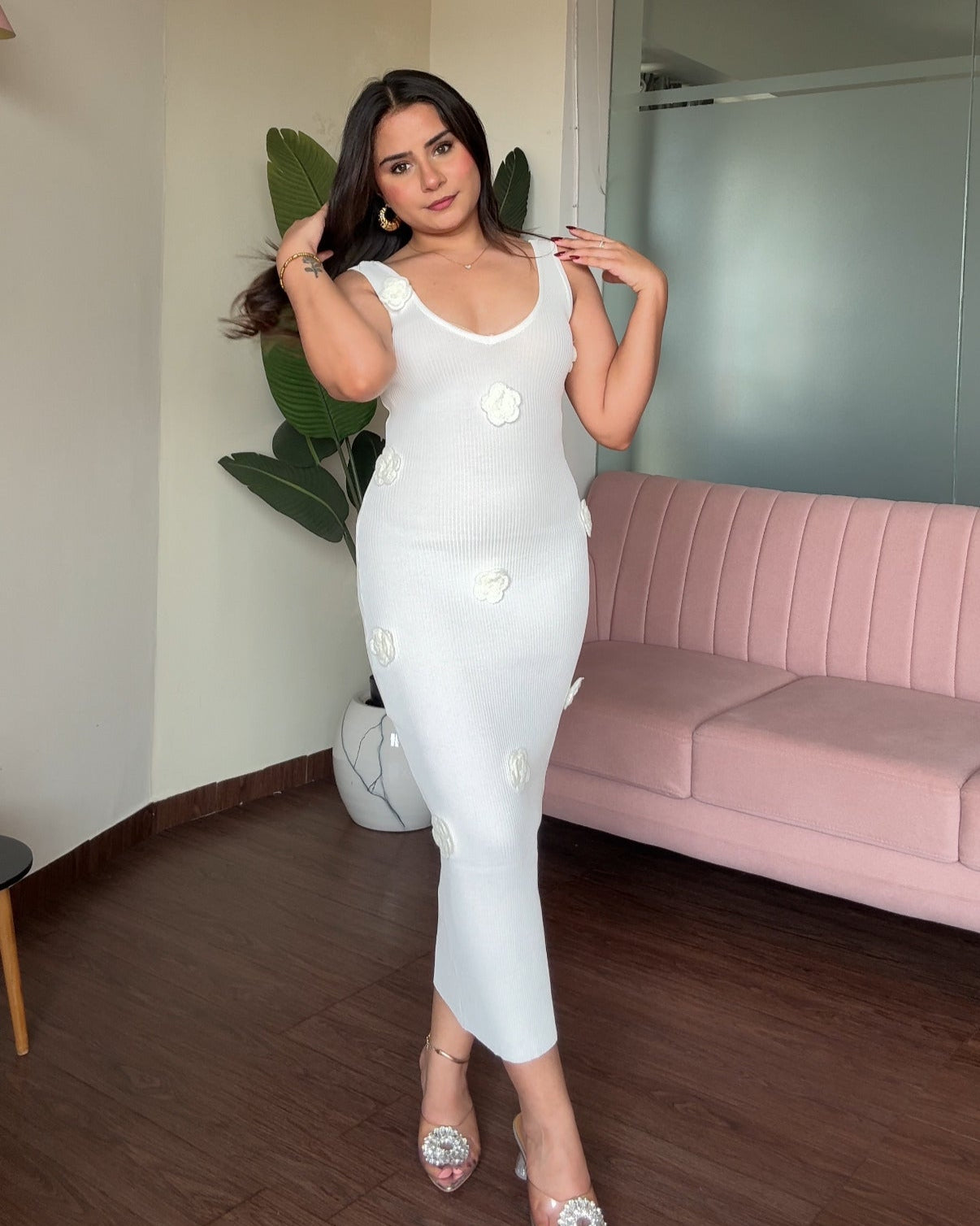 Scattered Rose Bodycon Midi Ribbed Dress