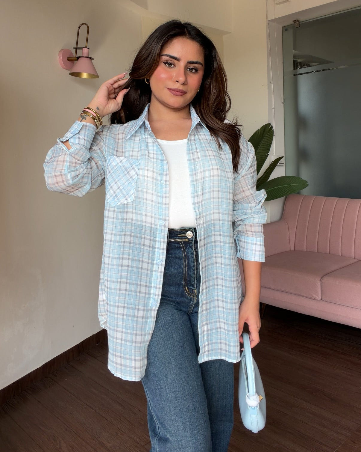 Sheer Checker Shirt With Cami Top